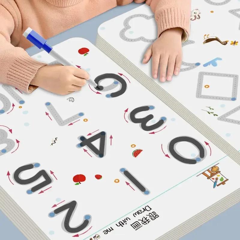 Kids Education Laptop - 魔法のトレースワークブック 子供向け教育モンテッソーリ本 ペンコントロールトレーニング 再利用可能なカリグラフィーコピーブック 子供向け