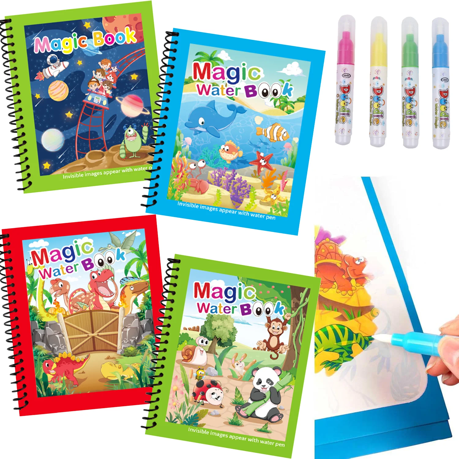 Kids Education Laptop - マジックウォーターペインティングブック 再利用可能な水彩画ブック 詰め替え可能なペン付き 幼児向け早期教育お絵かきおもちゃ 感覚学習用