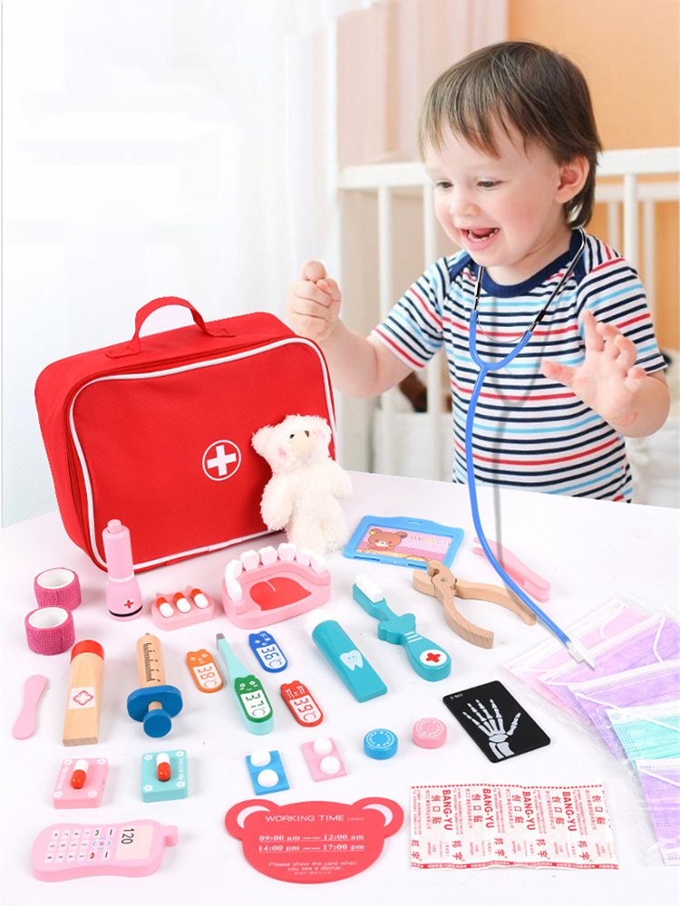 Kids Doctor Education - ごっこ遊びお医者さんおもちゃ木製シミュレーション歯医者チェックブラシ歯磨き薬セットロールプレイング教育玩具子供用