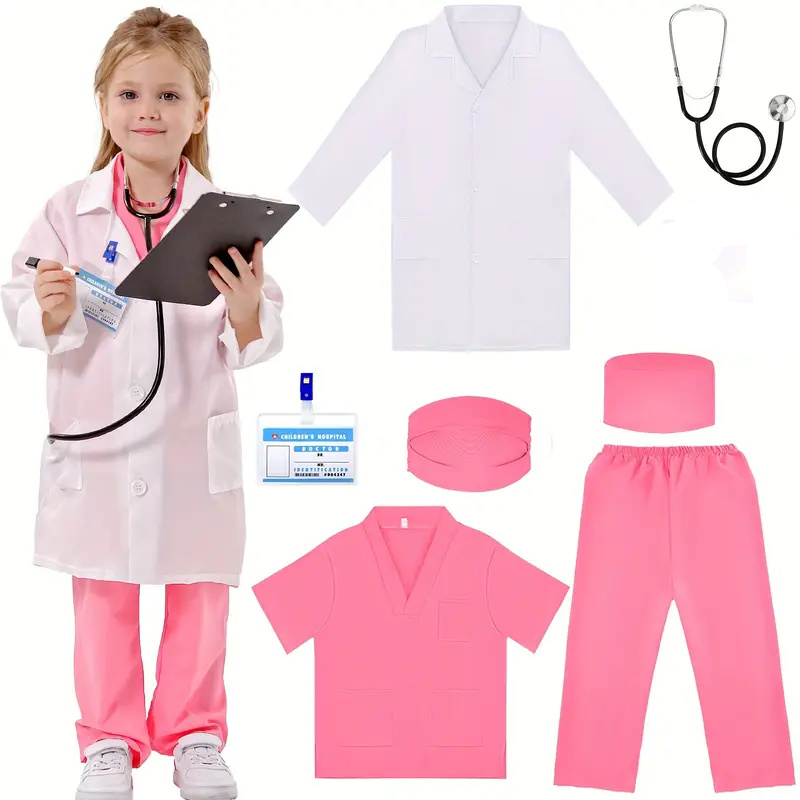 Kids Doctor Education - 子供のための医師と看護師のコスプレ衣装,白い実験室のコート,アクセサリー付きのユニフォーム,医療,ドレスアップ,クリスマス,ハロウィーンの贈り物,男の子と女の子,7個
