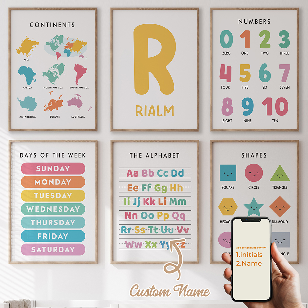 Kids Education Name - 6 個パーソナライズされた教育レター名ウォールアートプリント画像キャンバスポスター絵画リビングルームキッズルーム家の装飾