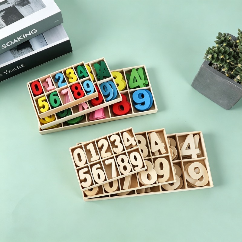 Kids Education Name - 木製数字セット クラフト数字0-9 教育用DIY名前デザイン 子供のスペル学習教育 ホームパーティーデコレーション 収納トレイ付き
