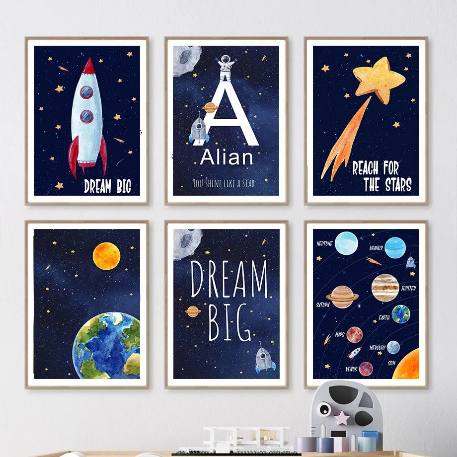 Kids Education Name - 1pc キャンバス絵画カスタム名キッズルーム装飾壁アートプリント宇宙宇宙飛行士インテリアポスターベビーキャンバス装飾